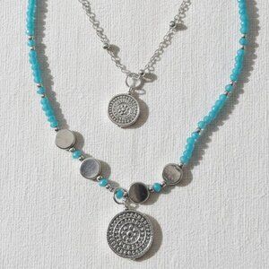Silver and Blue Beaded Necklace with Tassel